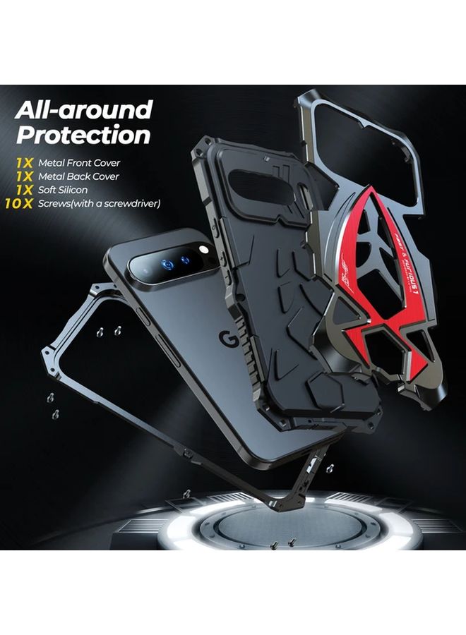 Black Red Heavy Duty Armor Case For Google Pixel 9 Pro Shockproof Rugged Metal Bumper - Image 1